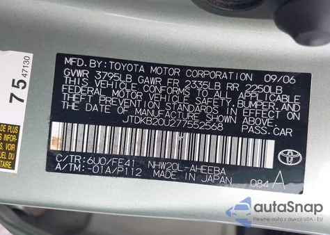 2007 Toyota Prius z USA, uszkodzony, nr VIN JTDKB20U277552568